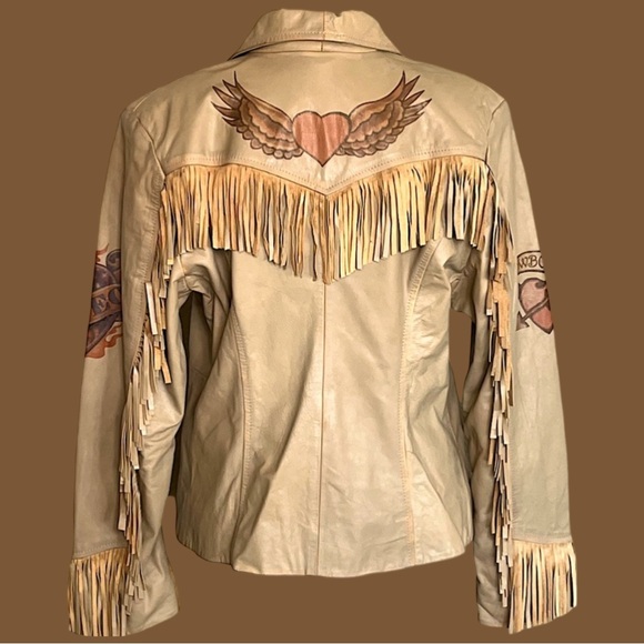 SCULLY “Rodeo Cowboy Fringe Love Tattoo” Leather Jacket Size L Western Rodeo Y2K - Picture 3 of 15